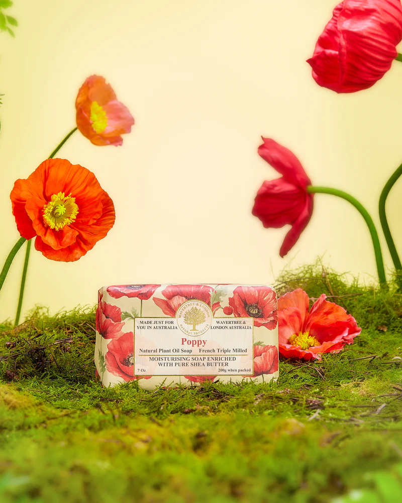Wavertree & London Poppy Soap Bar | Moisturizing, Shea Butter, Triple-Milled | Gentle for Sensitive Skin