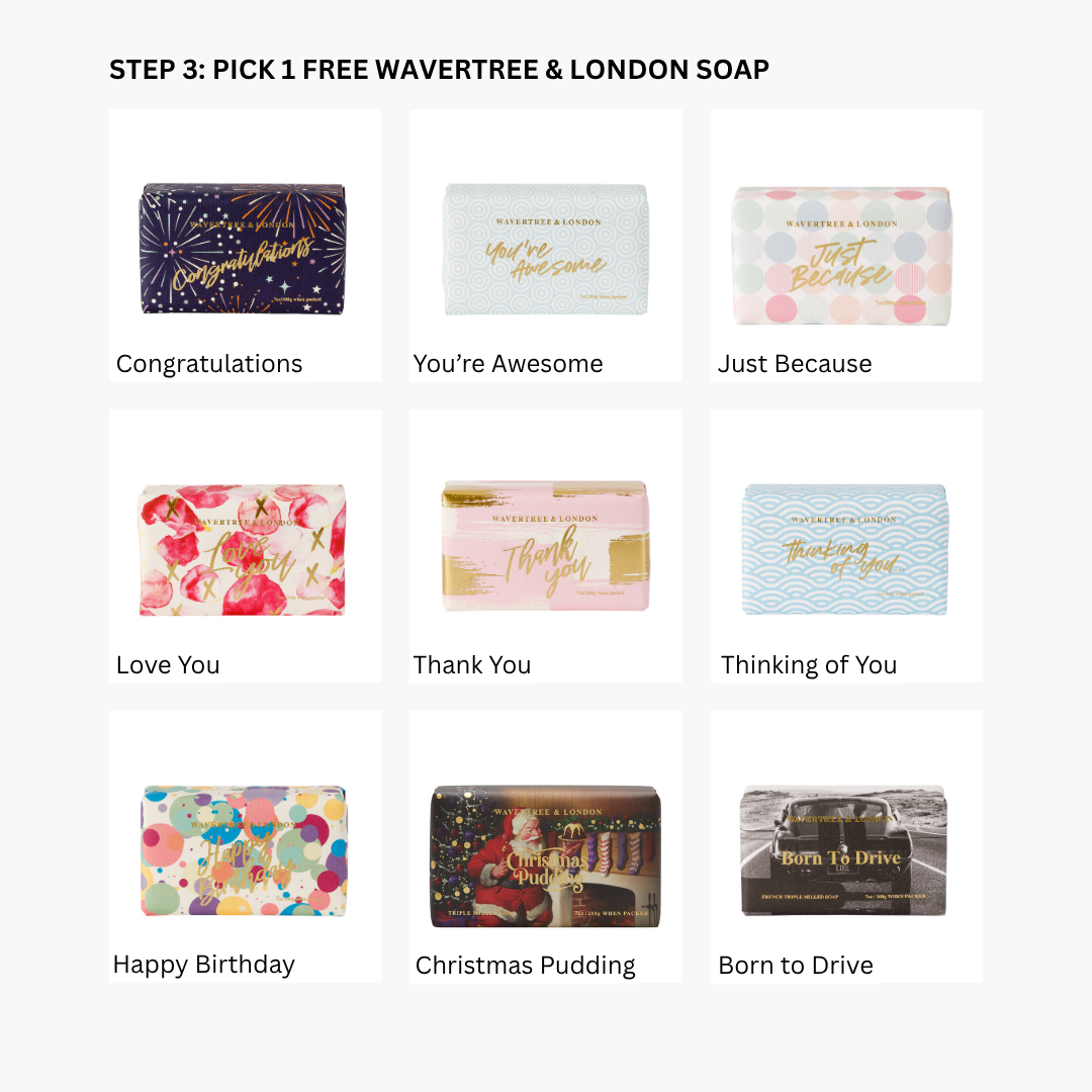 Collection of Wavertree & London soap packages with various designs and messages.