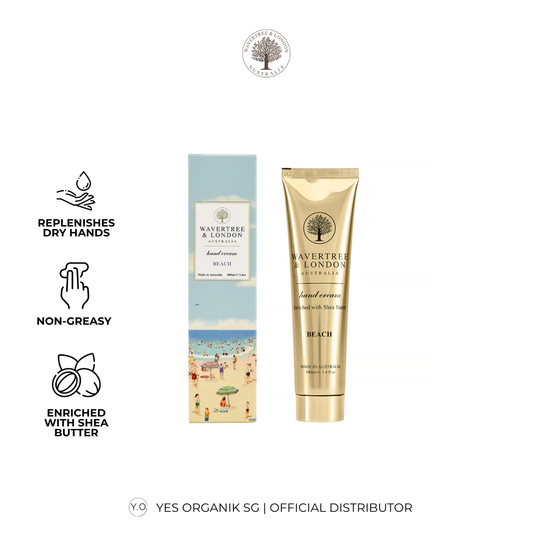 Wavertree & London hand cream packaging with beach design on a white background