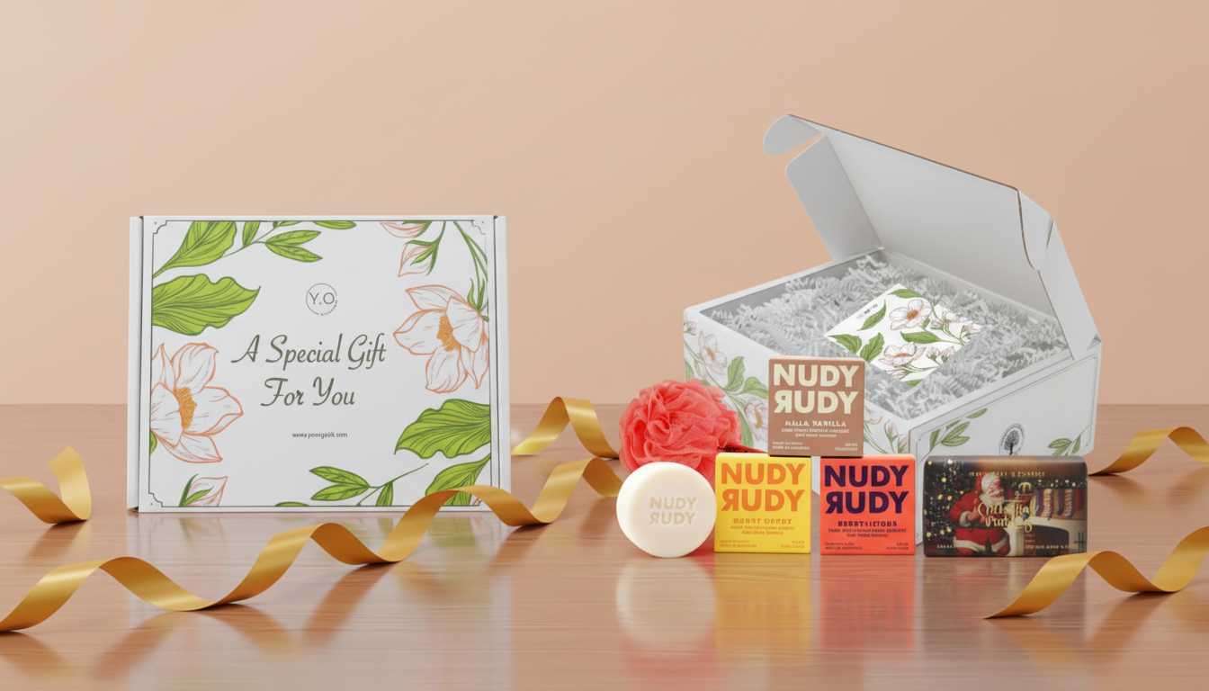 Gift set with Nudy Rudy products on a wooden surface