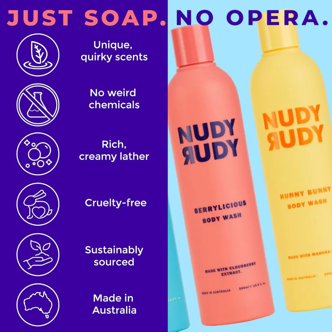 Two Nudy Rudy body wash bottles, one pink and one yellow, with product features listed on a purple and blue background.