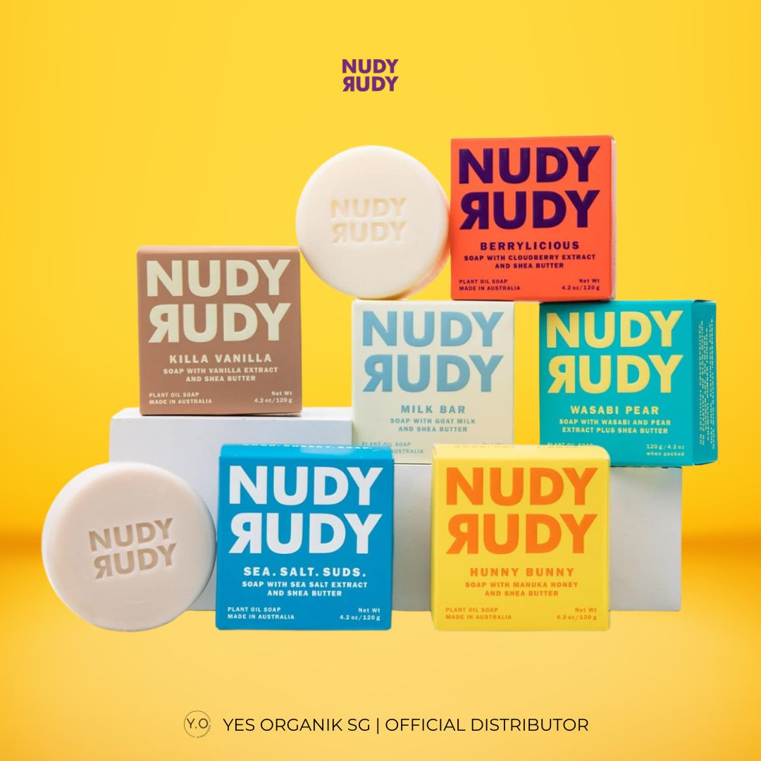Nudy Rudy soap bars and boxes on a yellow background