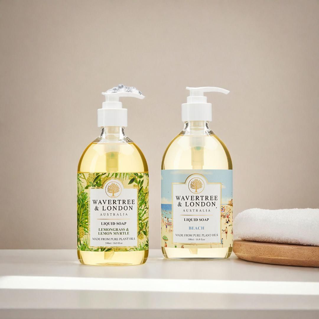 Two bottles of Wavertree & London liquid soap on a neutral background