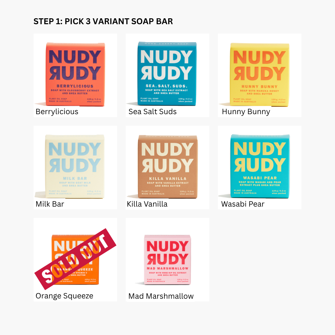 Nudy Rudy soap bars with various flavors on a white background