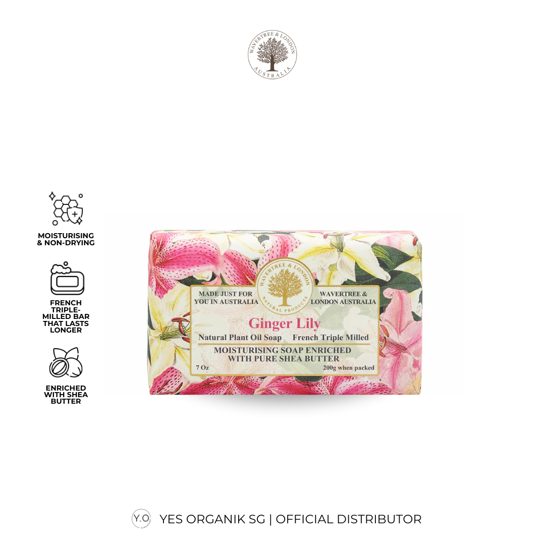 Bar of soap with floral design and branding on a white background