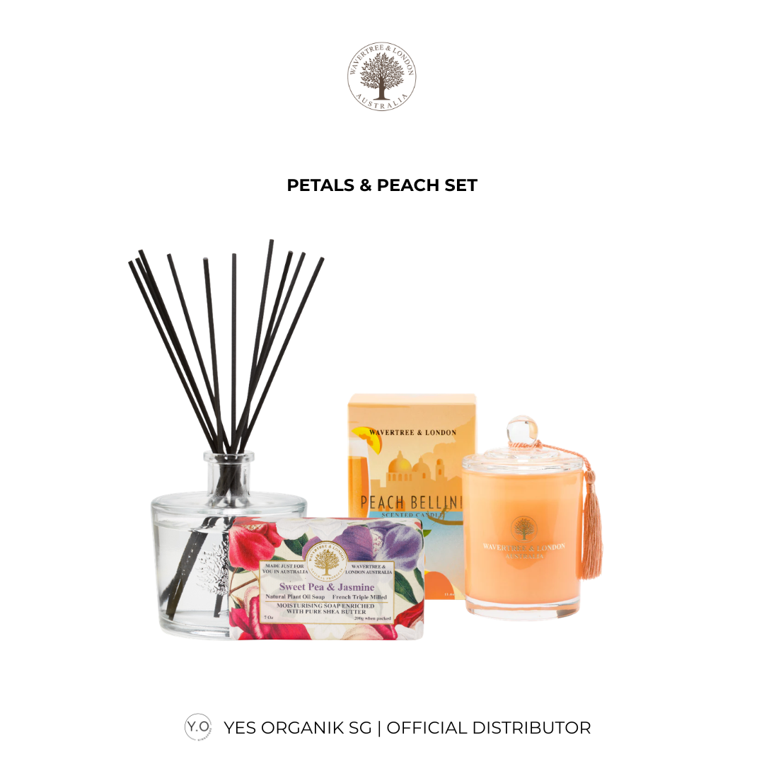 Wavertree & London Petals & Peach Gift Set | Sweetpea & Jasmine Soap, Diffuser & Peach Bellini Candle